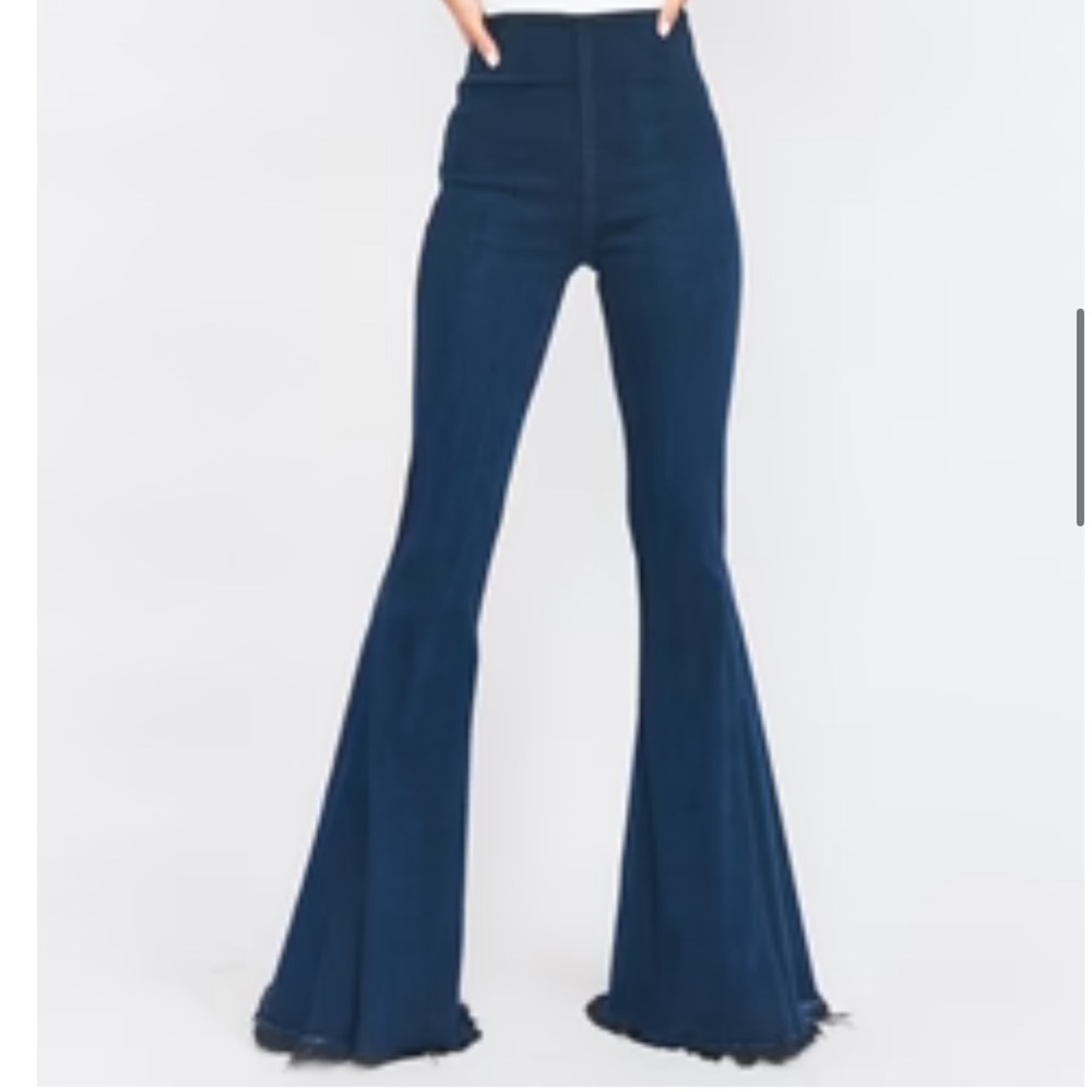 Show Me Your Mumu Berkeley Bells Denim Blue Jeans XL Bell Bottom Raw Hem Thunder